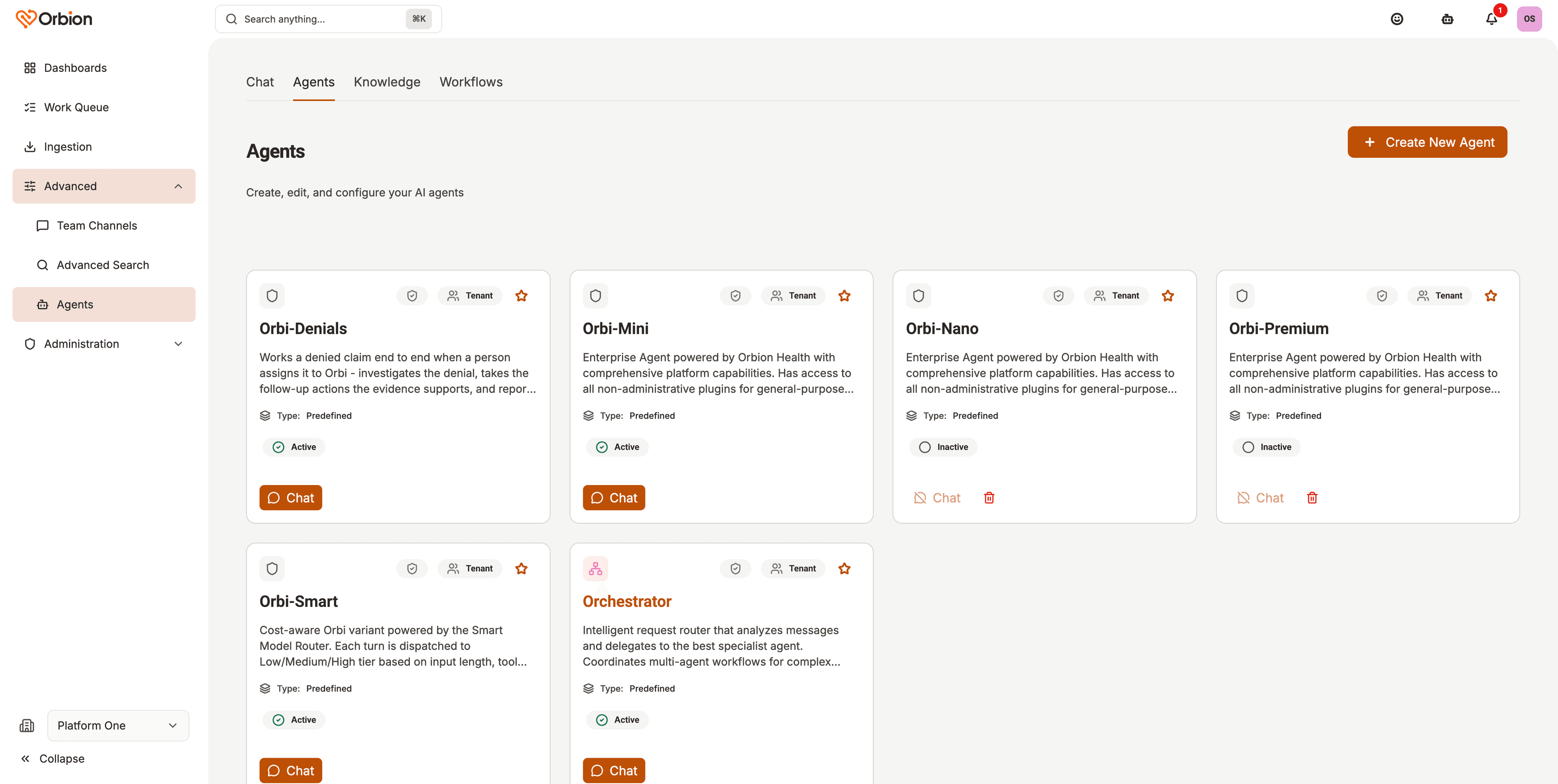 The Orbion agents library with Orbi-Denials, Orbi-Smart and the Orchestrator, each ready to chat