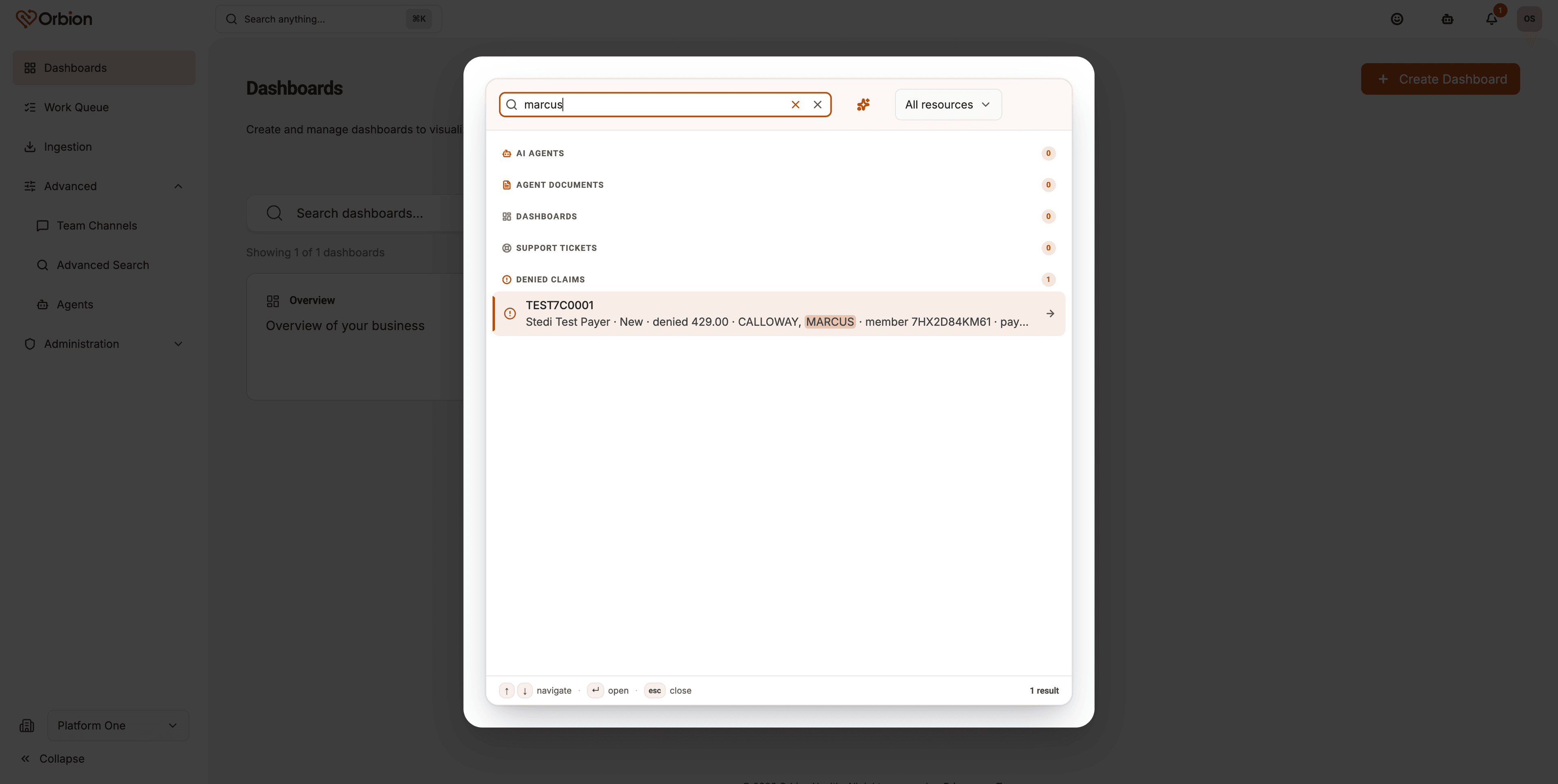 Global search returning a denied claim by patient name, grouped beside agents, documents, dashboards and support tickets