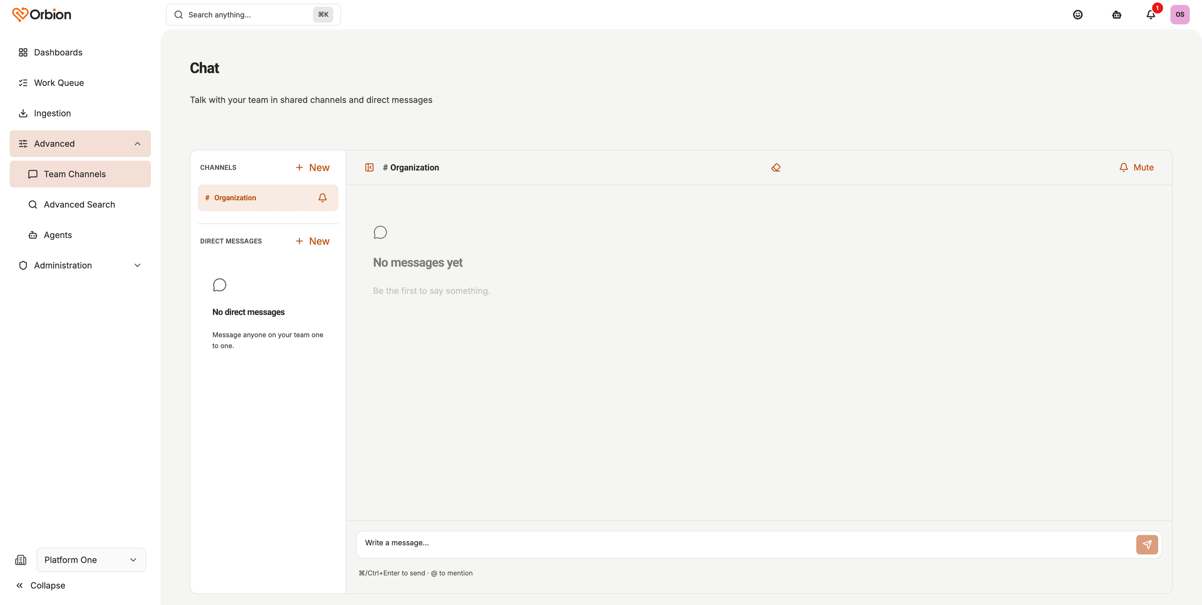 Orbion team chat with shared channels and direct messages